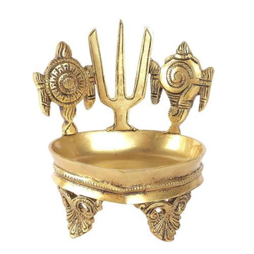 Shankh Chakra Namah Design Brass Diya Over Carved Legs, Deepam Oil for Pooja