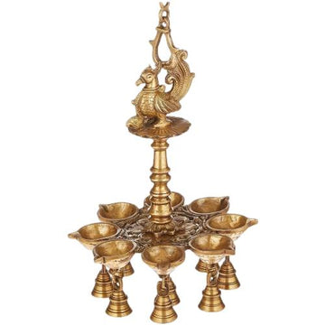 Brass Hanging Bells Peacock Sculpture with Diya Hanging Oil Lamp