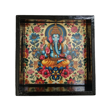 Wooden Ganesha Square Tray with Handles, Ethnic Design Tray