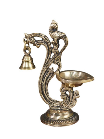 Brass Parrot Diya with Hanging Bell