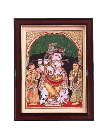 Tanjore Style Sri Venugopala Swami with Ruckmani and Sathya Bhama Bansuri Krishna Photo Frame