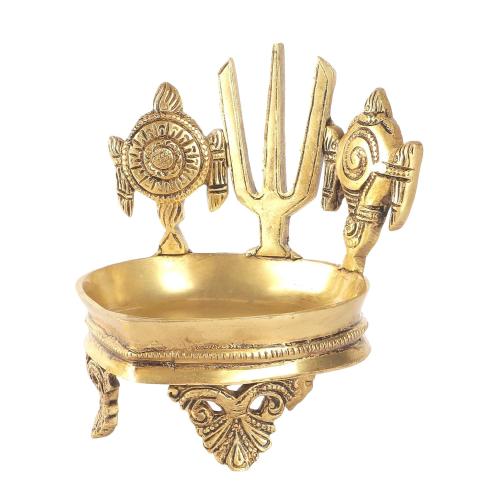 Shankh Chakra Namah Design Brass Diya Over Carved Legs, Deepam Oil for Pooja
