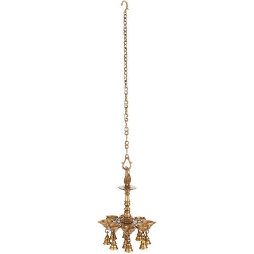 Brass Hanging Bells Peacock Sculpture with Diya Hanging Oil Lamp