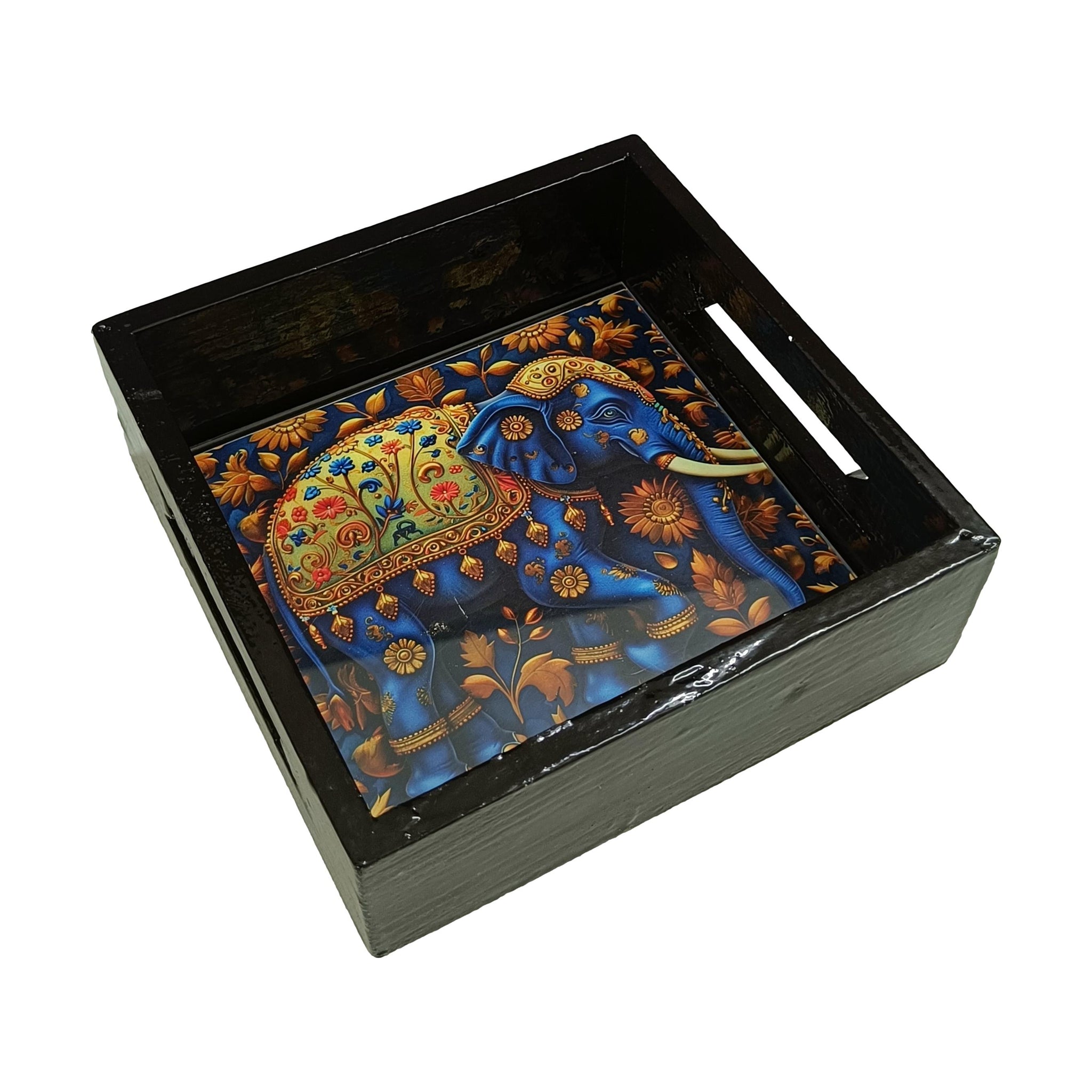 Wooden Exoctic Elephant Art Square Multipurpose Tray / Best Occasional Gifting