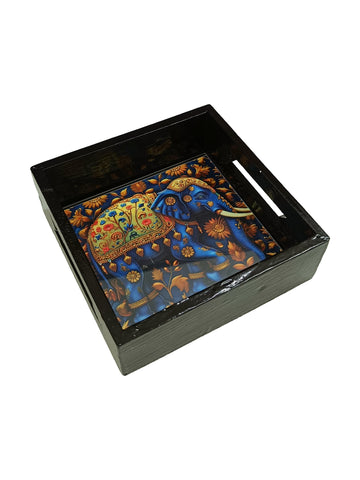 Wooden Exoctic Elephant Art Square Multipurpose Tray / Best Occasional Gifting