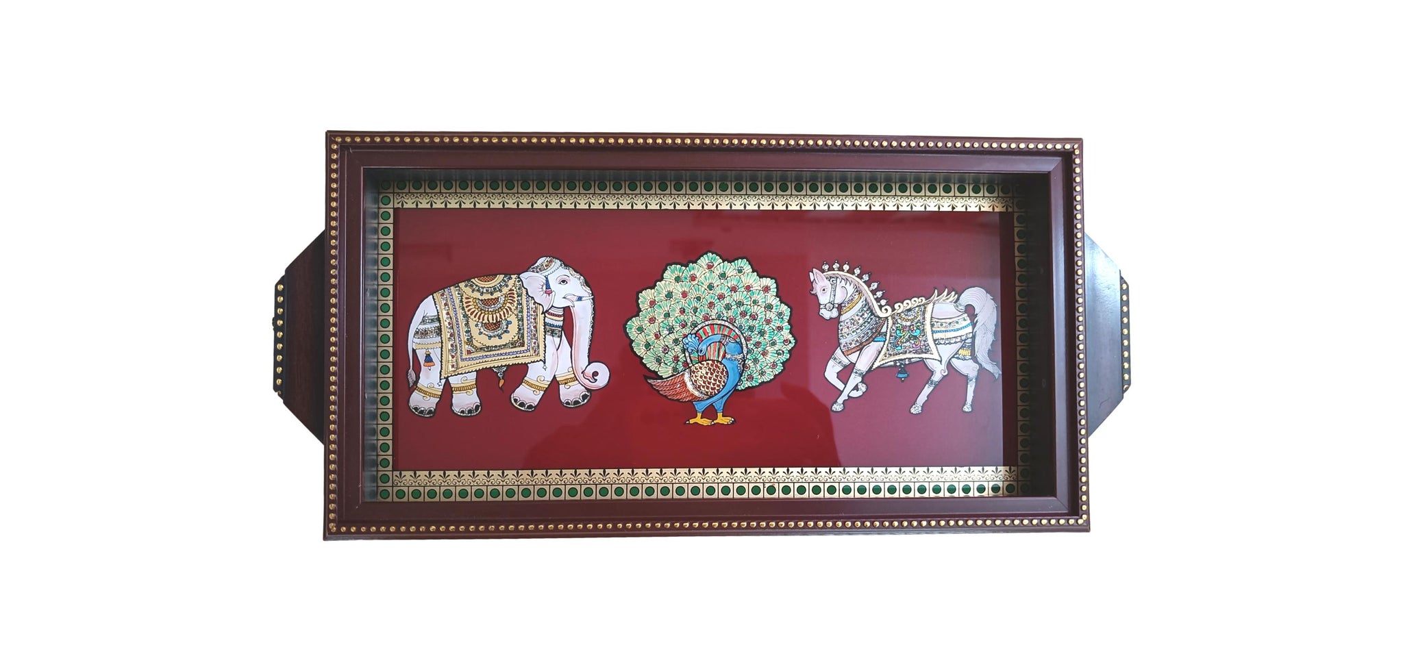 Glass Painting Tray Elephant Peacock Horse