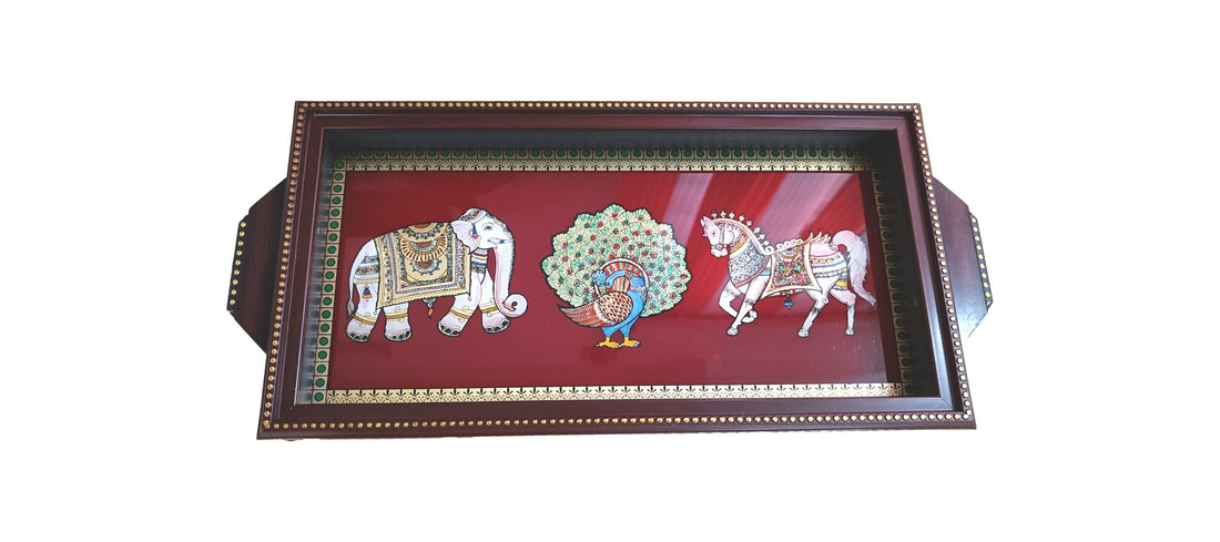 Glass Painting Tray Elephant Peacock Horse