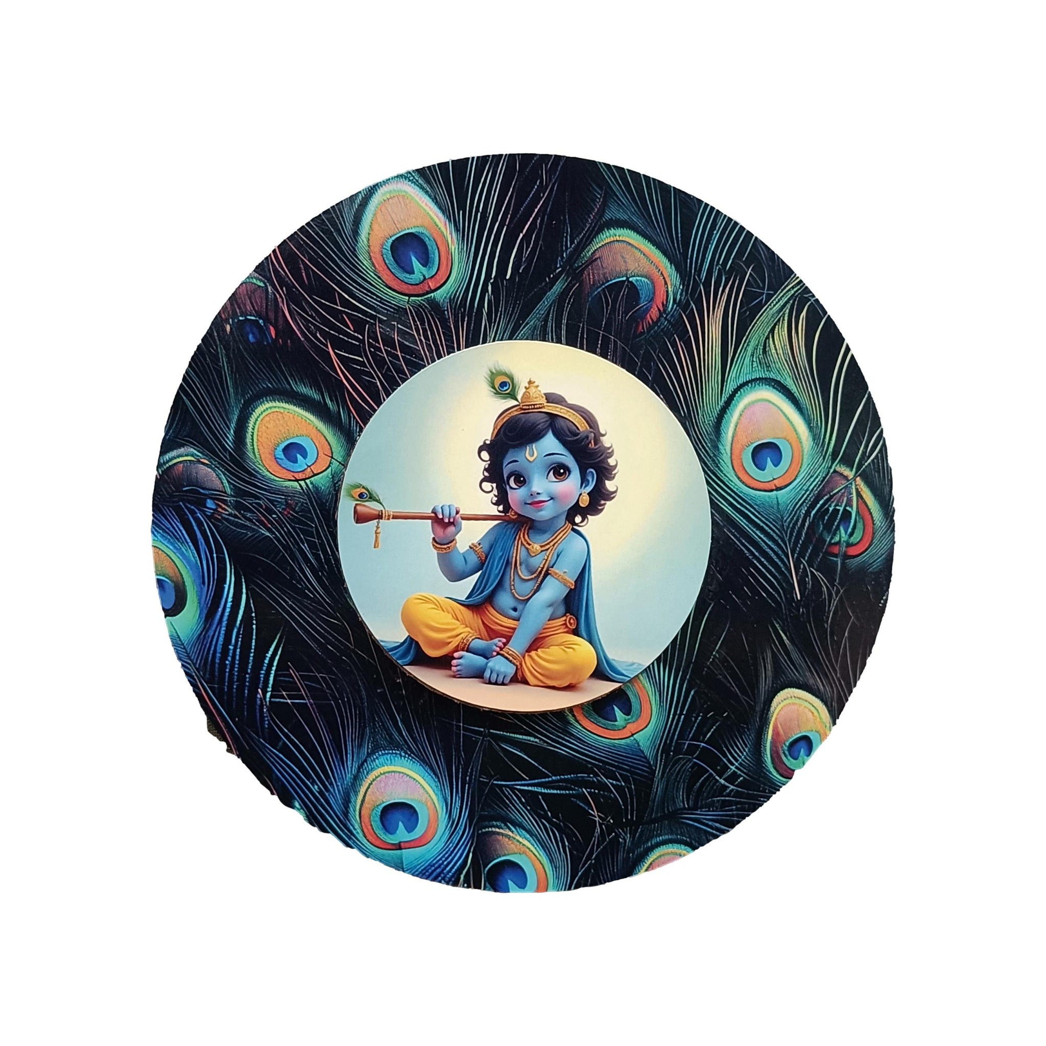 Sri Krishna With Peacock Feather Background Wooden Wall Hanging Art Work / Decor and Gifting