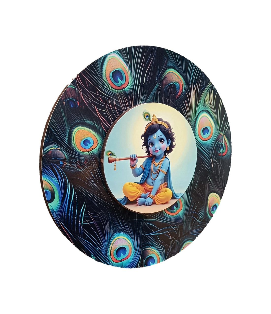 Sri Krishna With Peacock Feather Background Wooden Wall Hanging Art Work / Decor and Gifting
