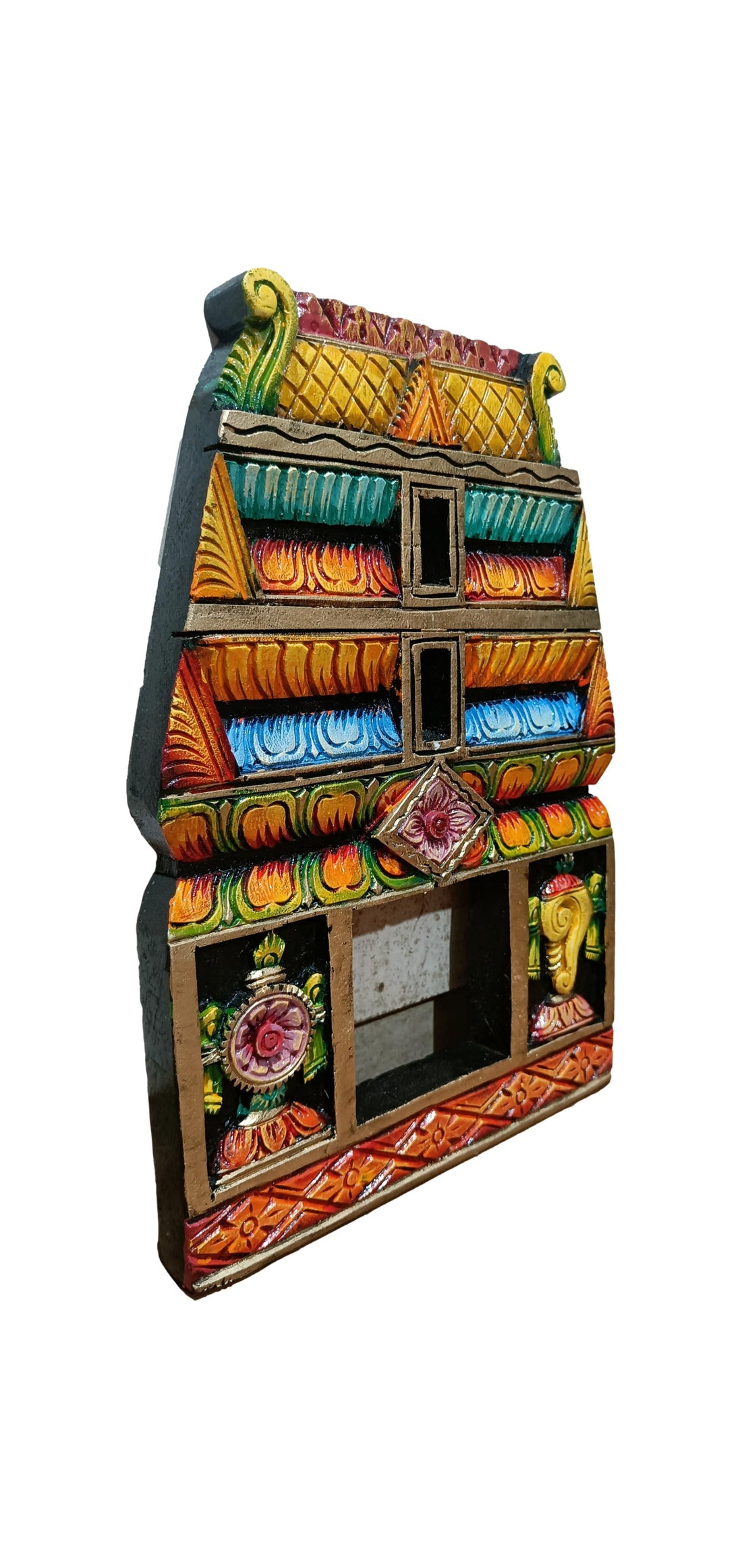 Wooden Temple Gopuram Sangu Chakaram Multicolur Wall Hanging