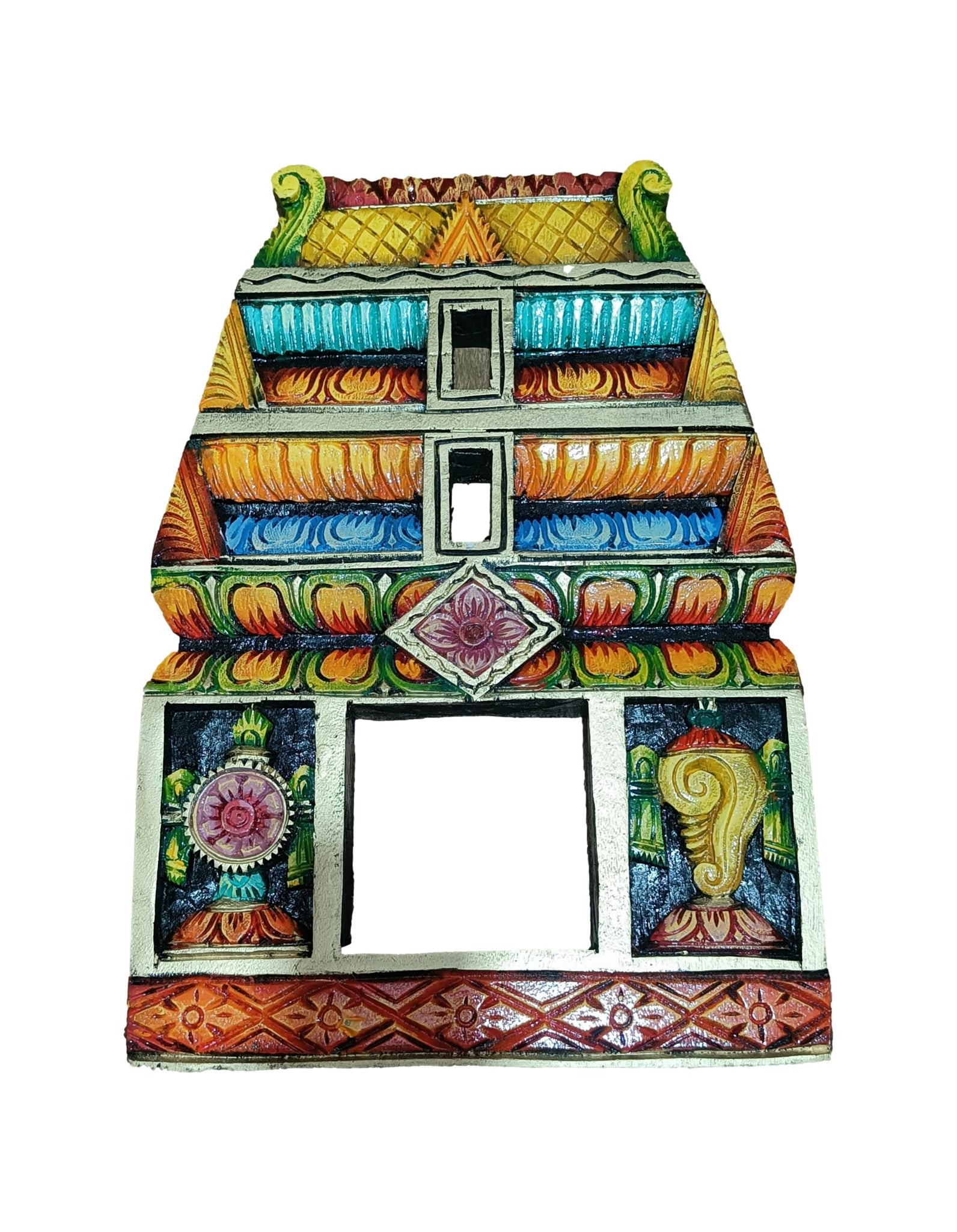Wooden Temple Gopuram Sangu Chakaram Multicolur Wall Hanging