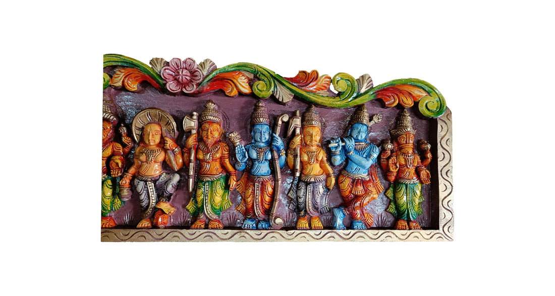 Colorful Wooden Dashavatara Wall Hanging – Handcrafted Vishnu’s Ten Avatars Panel with Ornamental Arch