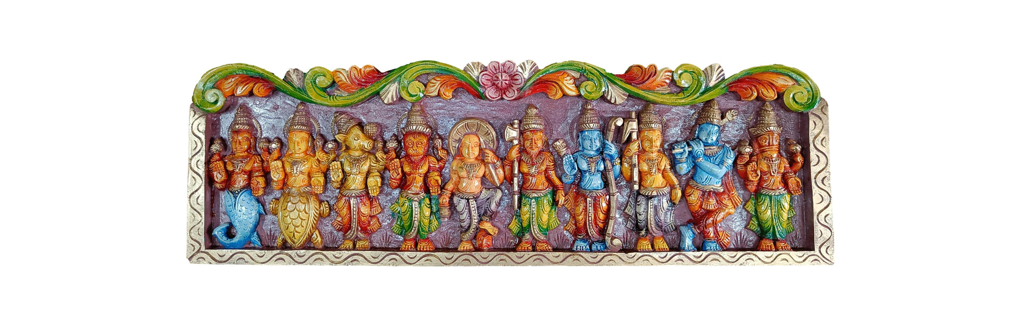 Colorful Wooden Dashavatara Wall Hanging – Handcrafted Vishnu’s Ten Avatars Panel with Ornamental Arch