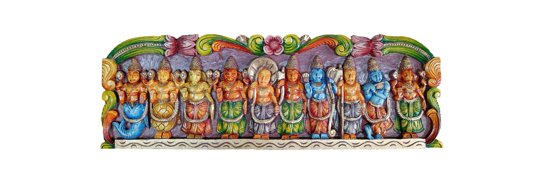 Handcrafted Wooden Dashavatara Panel – Traditional Wall Décor of Lord Vishnu's Ten Incarnations with Ornate Arch-3Feet