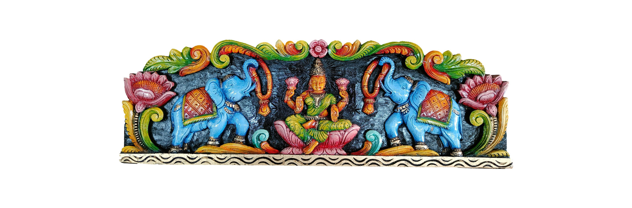 Wooden Gajalakshmi Wall Panel – Handcrafted Lakshmi on Lotus with Elephants and Floral Arch Décor
