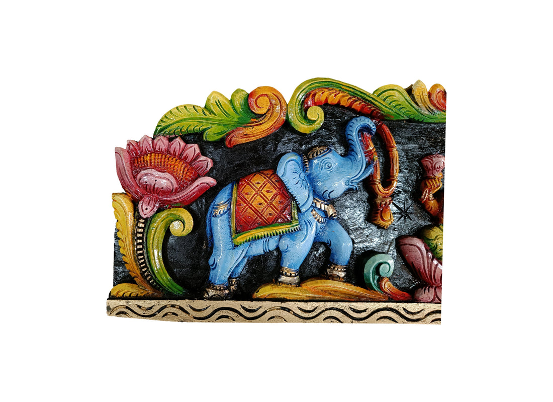Wooden Gajalakshmi Wall Panel – Handcrafted Lakshmi on Lotus with Elephants and Floral Arch Décor