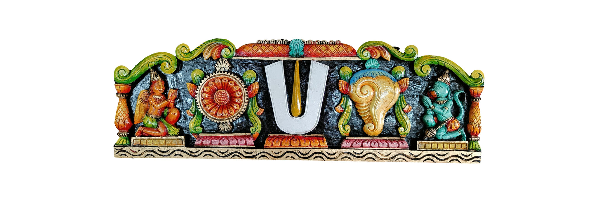 Wooden Handcrafted Vadakalai Thiruman Wall Hanging with Chakra and Shanku – Traditional Temple Style Décor
