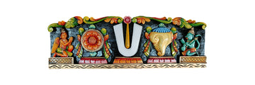 Wooden Handcrafted Vadakalai Thiruman Wall Hanging with Shanku Chakra & Garuda-Hanuman Carvings