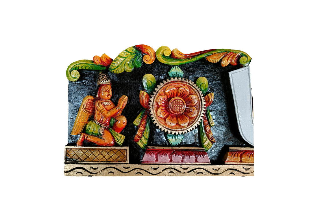Wooden Handcrafted Vadakalai Thiruman Wall Hanging with Shanku Chakra & Garuda-Hanuman Carvings