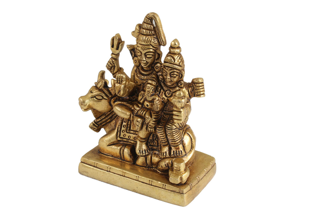 Brass Antique Shiva Parvathi with Ganesh seated on Nandi