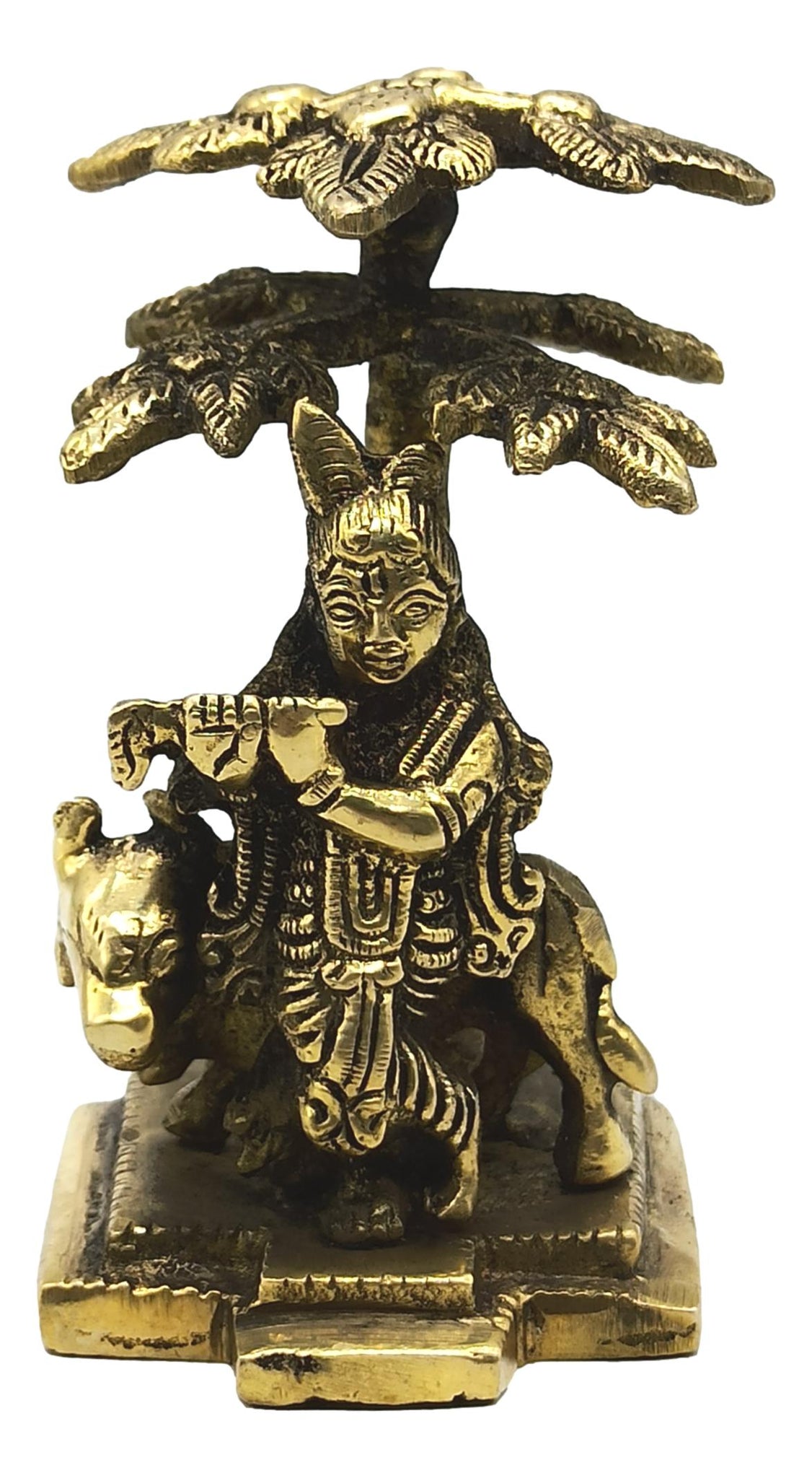 Brass Flute Krishna under Tree with Cow