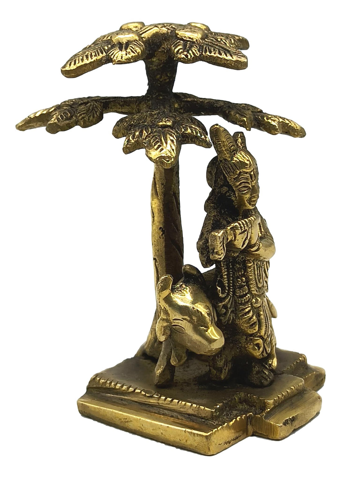 Brass Flute Krishna under Tree with Cow