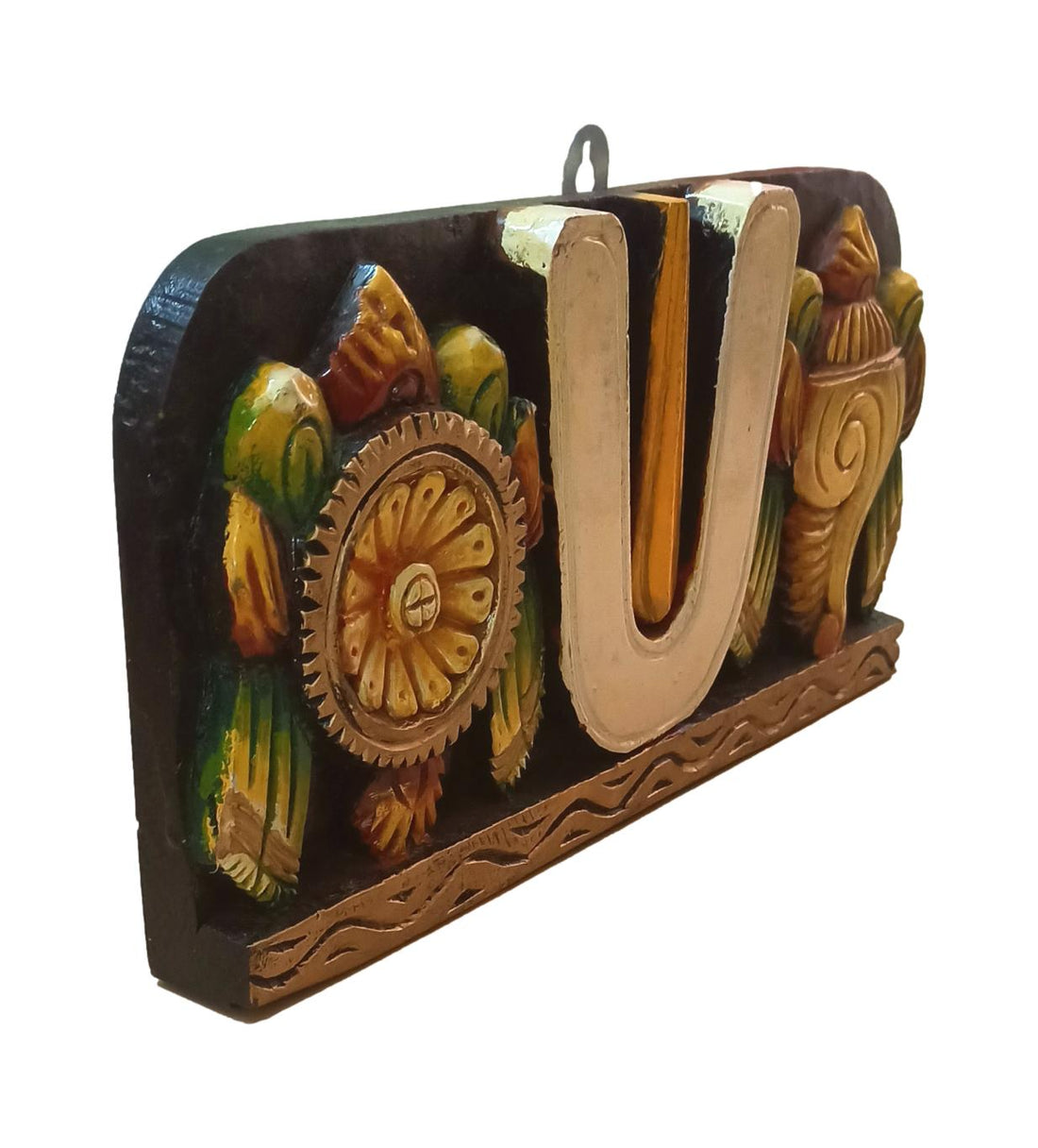 Wooden Vadakalai Tiruman Sangu Chakaram Wall Decor Multicolour