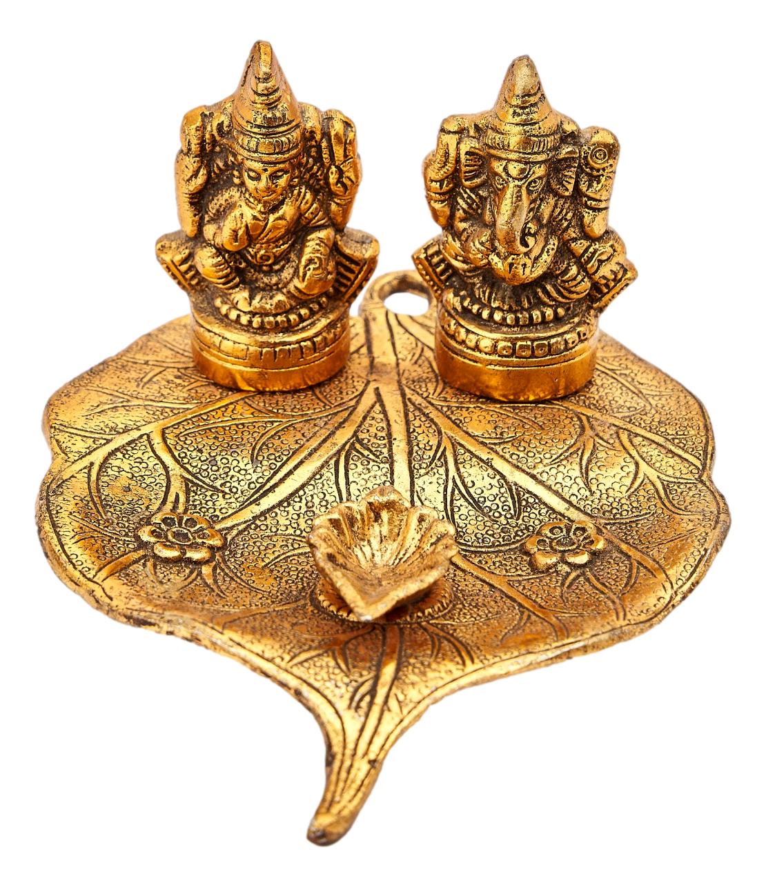 White Metal Leaf Diya Ganesh Lakshmi