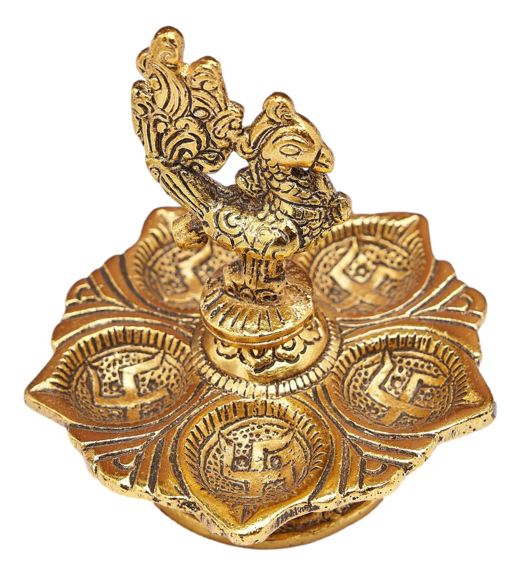 White Metal Golden Colour Peacock Diya