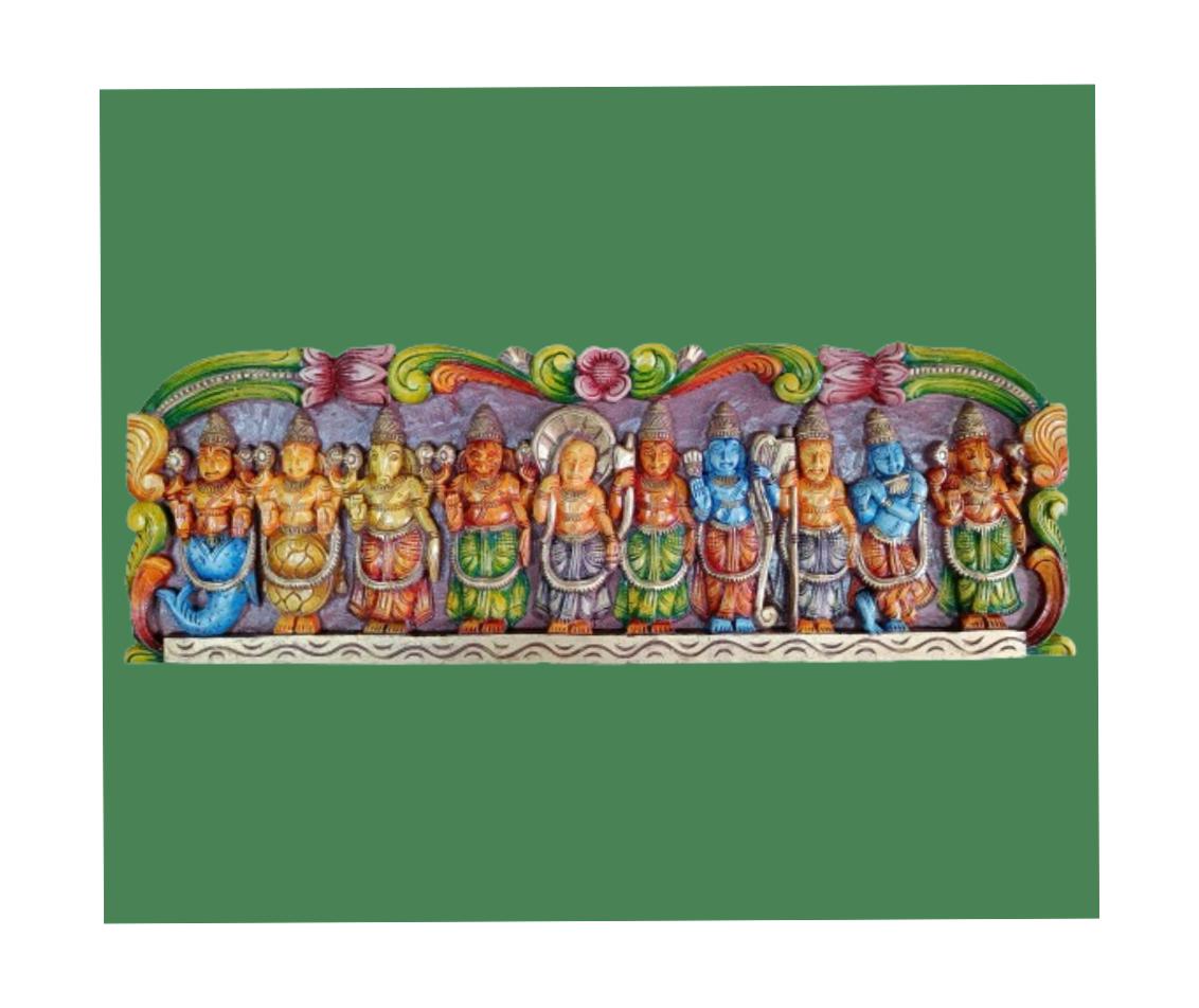 Handcrafted Wooden Dashavatara Panel – Traditional Wall Décor of Lord Vishnu's Ten Incarnations with Ornate Arch-3Feet
