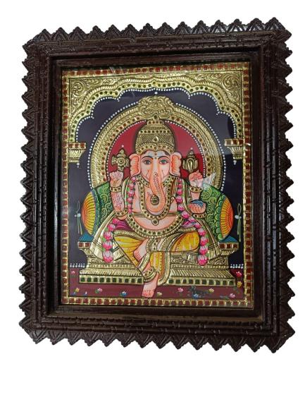 Tanjore Painting In Teak Wood Frame - Ganesh (With Frame)