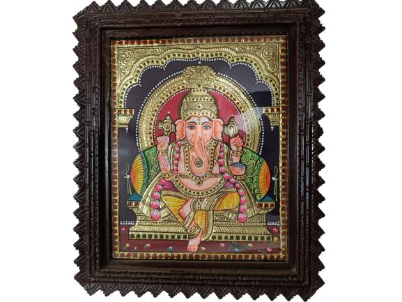 Tanjore Painting In Teak Wood Frame - Ganesh (With Frame)
