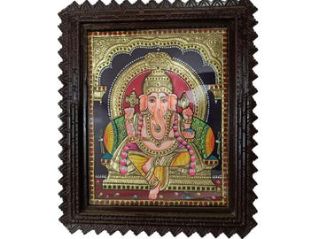 Tanjore Painting In Teak Wood Frame - Ganesh (With Frame)