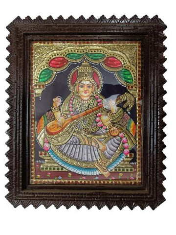Tanjore Painting In Teak Wood Frame - Saraswathi Devi (With Frame)