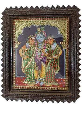 Tanjore Painting In Teak Wood Frame -  Venugopala Swami with Ruckmani and Sathya Bhama (With Frame)