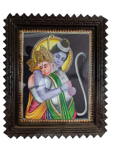 Tanjore Painting In Teak Wood Frame - Ram Hanuman (With Frame)