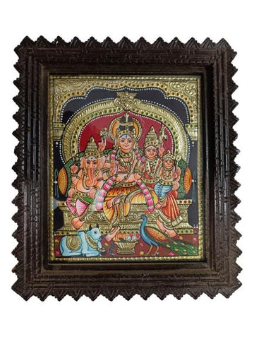 Tanjore Painting In Teak Wood Frame - Shiva Family