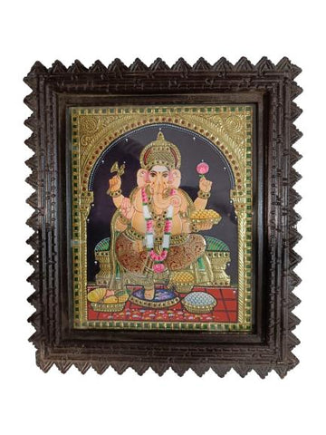 Tanjore Painting In Teakwood Frame - Ganesh (With Frame)