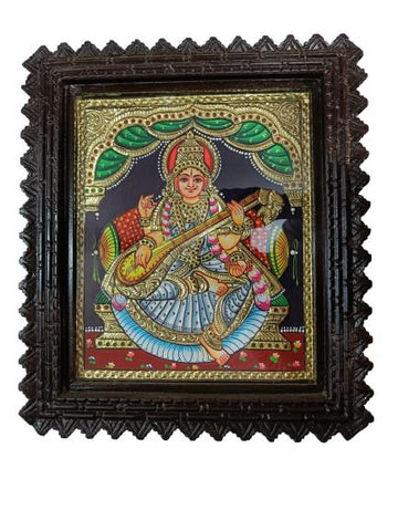 Tanjore Painting In Teakwood Frame - Saraswathi (With Frame)