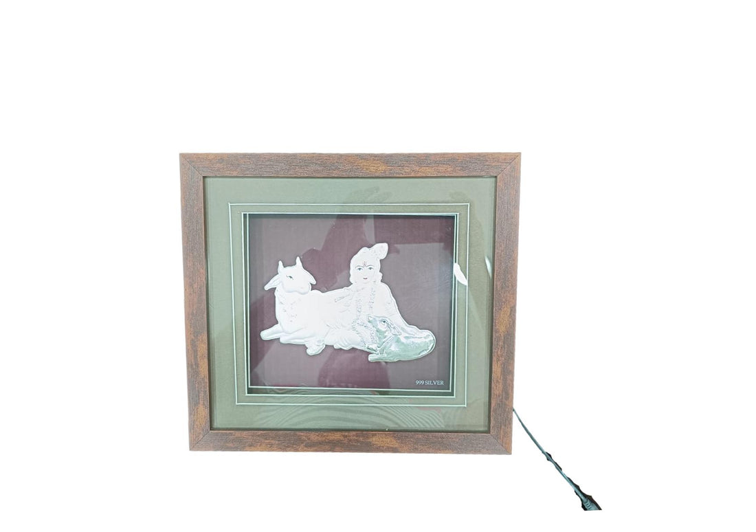 999 Silver Plating LED Light Cow Krishna Photo Frame