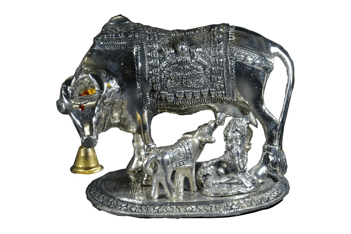 Cow and Calf Krishna Silver Coated
