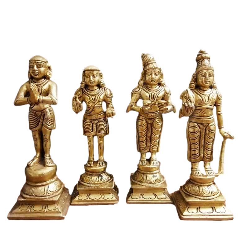 Brass Nalvar Set Statue (Appar, Sundarar, Manika Vasagar and Sambandar) 6 inch