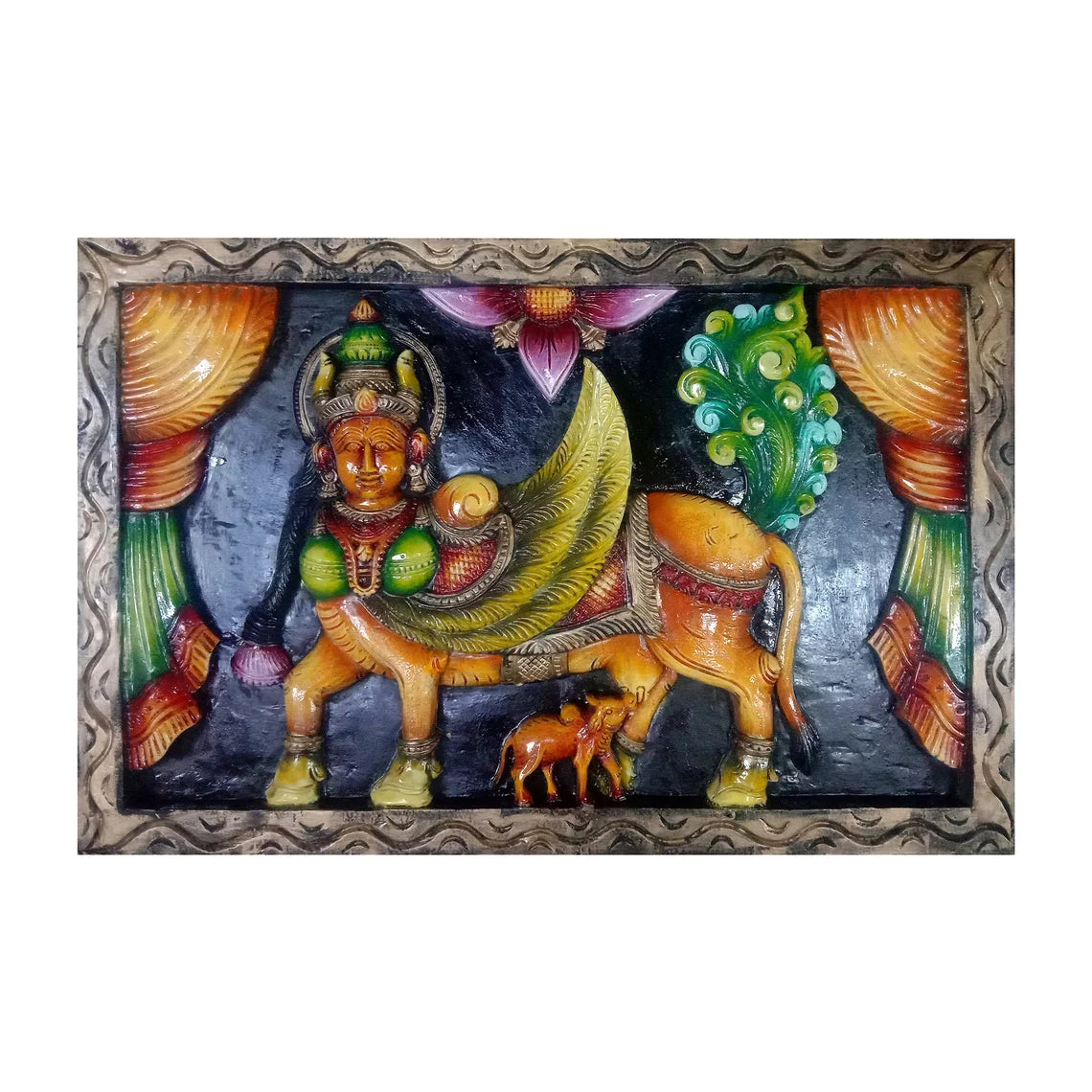 Kamadhenu Wooden Wall Hanging Multicolour