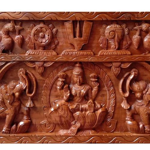 Gajalakshmi Wall Decor, Wood carving of Lakshmi, peacock & Thenkalai Tiruman