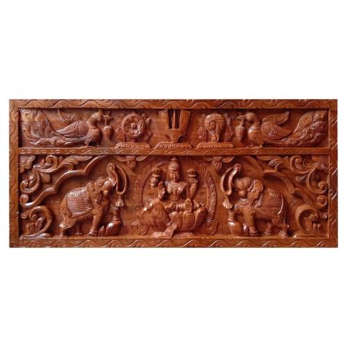 Gajalakshmi Wall Decor, Wood carving of Lakshmi, peacock & Thenkalai Tiruman