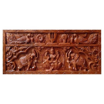 Gajalakshmi Wall Decor, Wood carving of Lakshmi, peacock & Thenkalai Tiruman