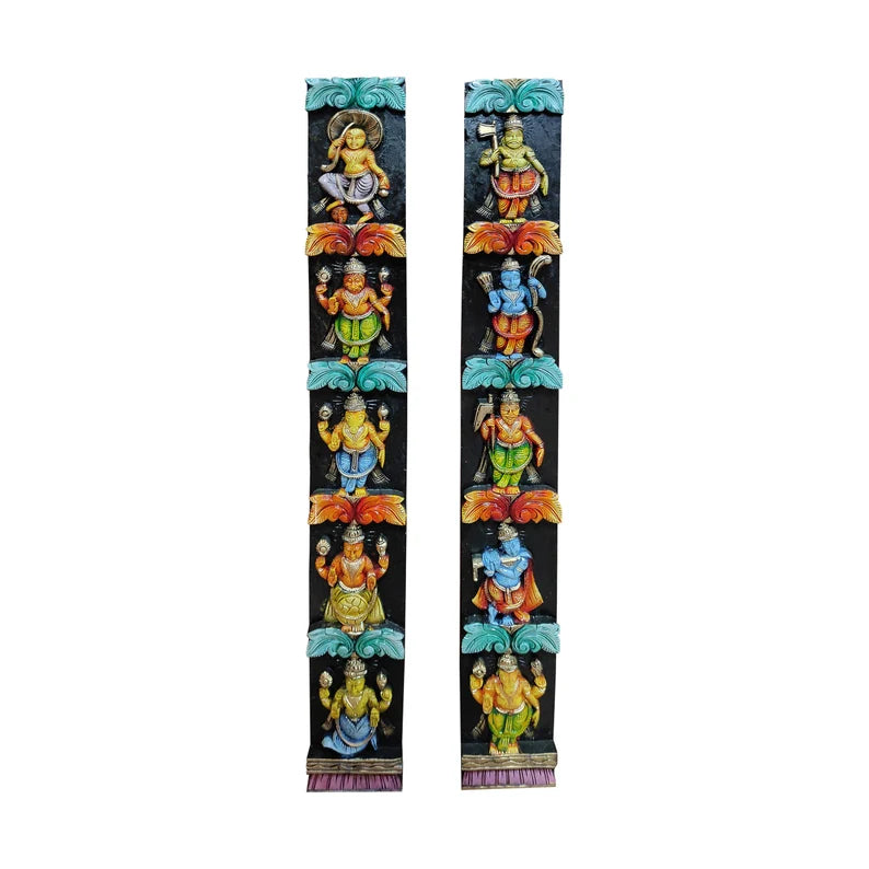 Lord Vishnu's Avatar Wall Decor - Dasavatharam Artwork In Wooden Carving Multicolour