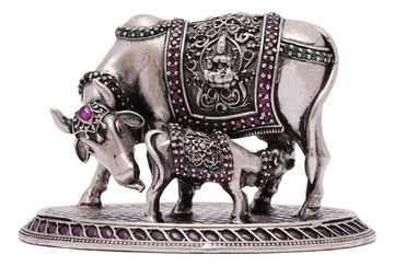 Silver Idol Cow And Calf Stone Work