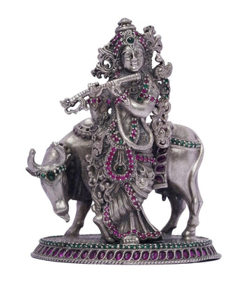 Silver Antiqe Cow Krishna Stone Work