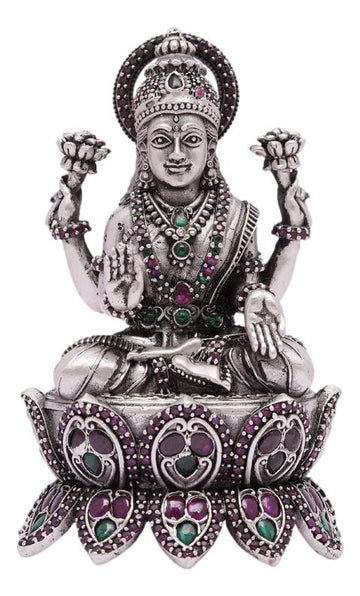 Silver Antiqe Lotus Mahalakshmi Stone Work